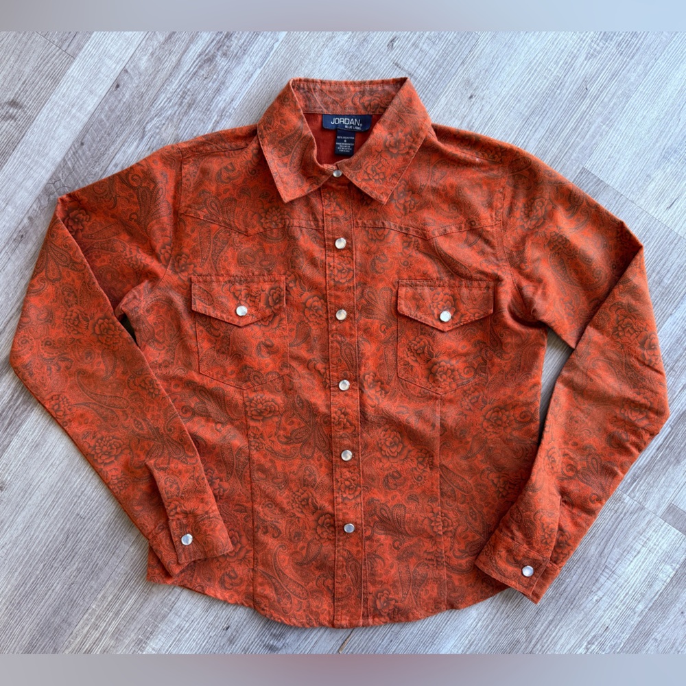 JORDAN Blue Label Women’s Sz Small Western Shirt Orange Printed Pearl Snap